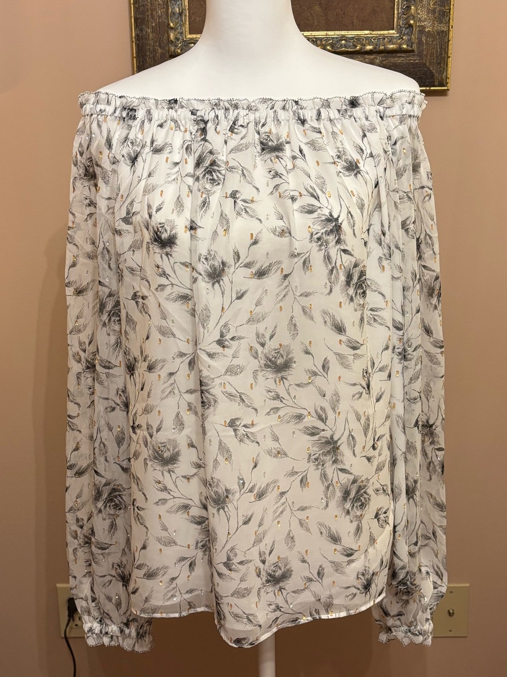 Off-Shoulder Floral Blouse in Cream and Gray